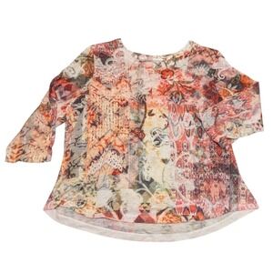 Christopher & Banks Petite Womens Abstract Print 3/4 Sleeve Top Blouse PXL